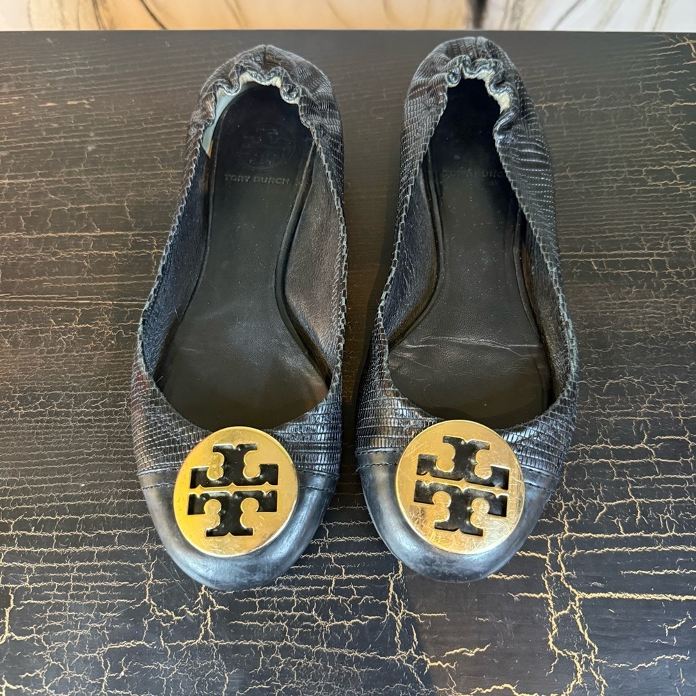 Tory Burch Textured Black Flats with Gold Emblem